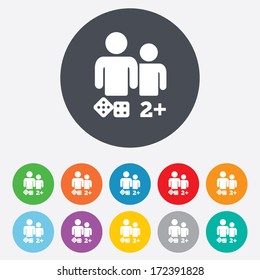Board games sign icon. Two plus players symbol. Dice sign. Round colourful 11 buttons. Vector