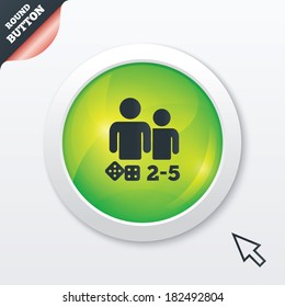 Board games sign icon. From two to five players symbol. Dice sign. Green shiny button. Modern UI website button with mouse cursor pointer. Vector
