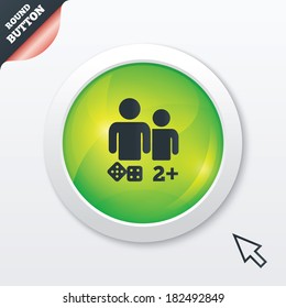 Board games sign icon. Two plus players symbol. Dice sign. Green shiny button. Modern UI website button with mouse cursor pointer. Vector