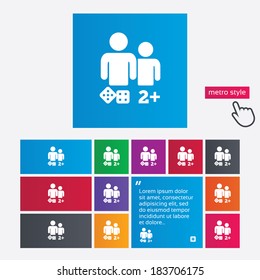 Board games sign icon. Two plus players symbol. Dice sign. Metro style buttons. Modern interface website buttons with hand cursor pointer. Vector