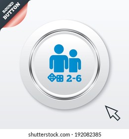 Board games sign icon. From two to six players symbol. Dice sign. White button with metallic line. Modern UI website button with mouse cursor pointer. Vector