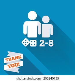 Board games sign icon. From two to eight players symbol. Dice sign. White flat icon with long shadow. Paper ribbon label with Thank you text. Vector
