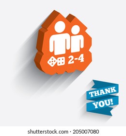 Board games sign icon. From two to four players symbol. Dice sign. White icon on orange 3D piece of wall. Carved in stone with long flat shadow. Vector
