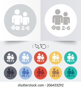 Board games sign icon. From two to six players symbol. Dice sign. Round 12 circle buttons. Shadow. Hand cursor pointer. Vector