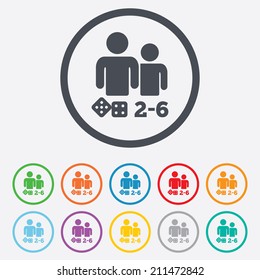 Board games sign icon. From two to six players symbol. Dice sign. Round circle buttons with frame. Vector