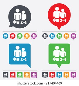 Board games sign icon. From two to four players symbol. Dice sign. Speech bubbles information icons. 24 colored buttons. Vector