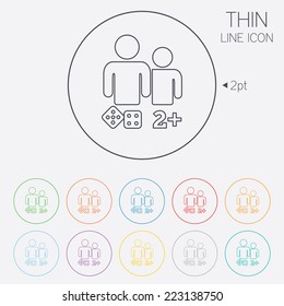 Board games sign icon. Two plus players symbol. Dice sign. Thin line circle web icons with outline. Vector