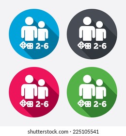 Board games sign icon. From two to six players symbol. Dice sign. Circle buttons with long shadow. 4 icons set. Vector