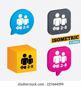 Board games sign icon. From two to eight players symbol. Dice sign. Isometric speech bubbles and cube. Rotated icons with edges. Vector