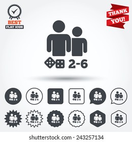 Board games sign icon. From two to six players symbol. Dice sign. Circle, star, speech bubble and square buttons. Award medal with check mark. Thank you ribbon. Vector