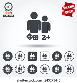Board games sign icon. Two plus players symbol. Dice sign. Circle, star, speech bubble and square buttons. Award medal with check mark. Thank you ribbon. Vector