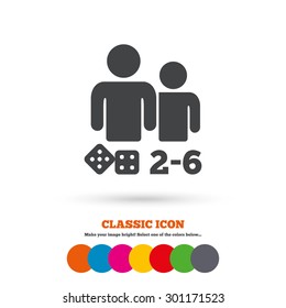 Board games sign icon. From two to six players symbol. Dice sign. Classic flat icon. Colored circles. Vector