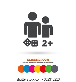 Board games sign icon. Two plus players symbol. Dice sign. Classic flat icon. Colored circles. Vector