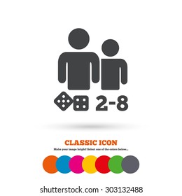 Board games sign icon. From two to eight players symbol. Dice sign. Classic flat icon. Colored circles. Vector