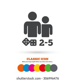 Board games sign icon. From two to five players symbol. Dice sign. Classic flat icon. Colored circles. Vector