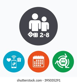 Board games sign icon. From two to eight players symbol. Dice sign. Mobile payments, calendar and wifi icons. Bus shuttle.