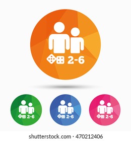Board games sign icon. From two to six players symbol. Dice sign. Triangular low poly button with flat icon. Vector