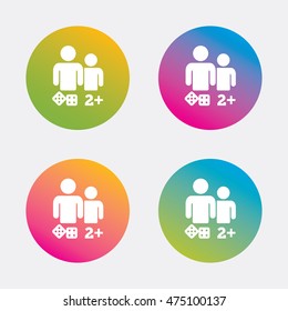 Board games sign icon. Two plus players symbol. Dice sign. Gradient flat buttons with icon. Modern design. Vector