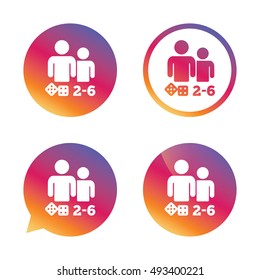 Board games sign icon. From two to six players symbol. Dice sign. Gradient buttons with flat icon. Speech bubble sign. Vector