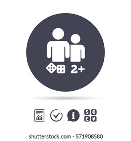 Board games sign icon. Two plus players symbol. Dice sign. Report document, information and check tick icons. Currency exchange. Vector