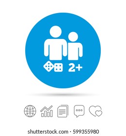 Board games sign icon. Two plus players symbol. Dice sign. Copy files, chat speech bubble and chart web icons. Vector
