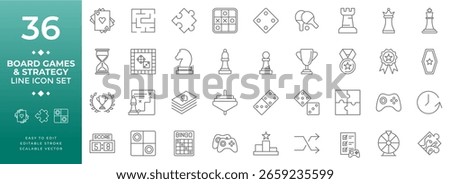Board games and strategy line icon set vector illustration featuring a collection of outline icons for card games, chess, dice, puzzles, board game elements, and gaming concepts. 