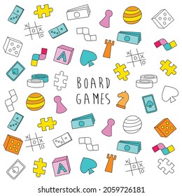 Board games text banner. Colorful cartoon hand drawn style vector illustration on white