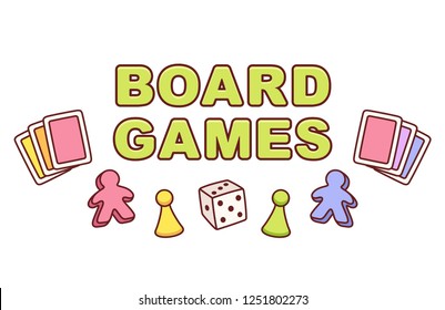 Board games text banner. Playing cards, dice and game pieces. Colorful cartoon style vector illustration.