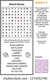 Board games themed zigzag word search puzzle (suitable both for kids and adults). Answer included.