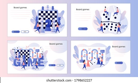 Board Games. Tiny People Playing And Winning Chess, Domino, Game Cards And Dice. Screen Template For Mobile Smart Phone, Landing Page, Template, Ui, Web, Mobile App, Poster, Banner, Flyer. Vector 