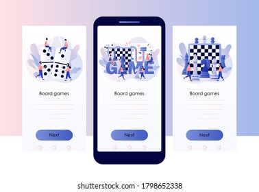Board games. Tiny people playing and winning chess, domino, game cards and dice. Leisure time activity. Screen template for mobile smart phone. Modern flat cartoon style. Vector illustration