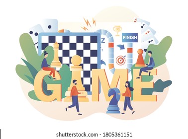 Board games. Tiny people playing and winning chess, domino, game cards and dice. Leisure time activity, whole family or friends activity. Modern flat cartoon style. Vector illustration 