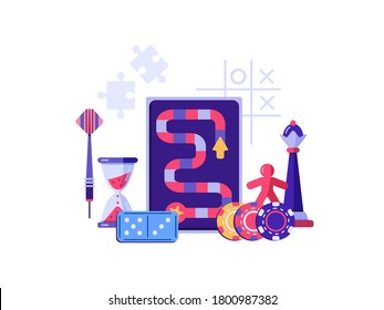 Board games vector template with chess piece, hourglass, domino. Concept for boardgames, playing at home with children and family. Flat style illustration.