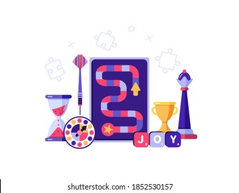 Board games vector template with a chess piece, trophy, scrabble. The concept for boardgames, playing at home with children and family. Flat style illustration.