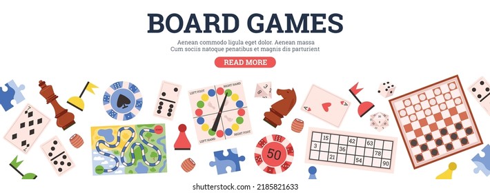 Board games web banner with text, flat vector illustration on white background. Chess, dominoes, lotto, checkers and cards. Various table games for kids and adults.