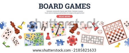 Board games web banner with text, flat vector illustration on white background. Chess, dominoes, lotto, checkers and cards. Various table games for kids and adults.