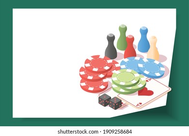 Board games web site landing page with 3d cards chips figures and cubes isometric vector illustration