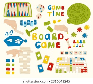 Board Games for Whole Family Collection. Colorful Vector Doodle Illustration of different Games. Home Entertainment Design Elements. Vector