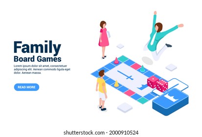 Board Games for whole family concept. Parents and children have fun together by playing a game. Isometric vector illustration on white background