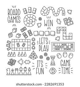 Board Games for Whole Family Doodle Set. Black and white Vector Outline Illustration of different Games. Home Entertainment Design Elements Editable Stroke.