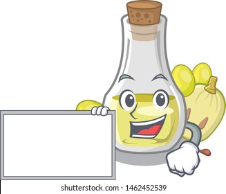 With board grape seed oil in a cartoon