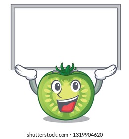 Up board green tomato slice in cartoon bowl