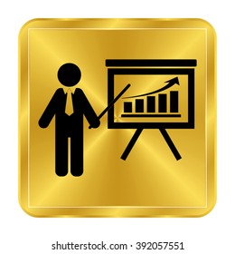 board with growing graph - black vector icon;  gold button