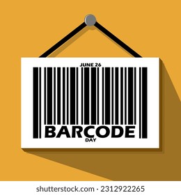 A board hanging on a wall containing barcode lines with bold text on brown background to celebrate National Barcode Day on June 26