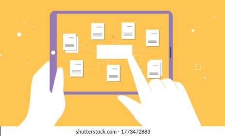 the board held in his hand,one hand holds the tablet, the other hand presses on the tablet screen,orange background,vector.