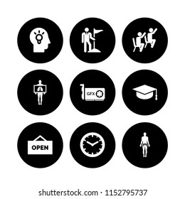 board icon. 9 board set with wall clock, target, open and hardware vector icons for web and mobile app