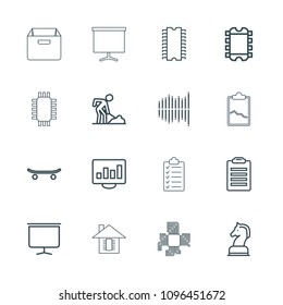 Board icon. collection of 16 board outline icons such as digging man, check list, cpu, equalizer, chart on display, board. editable board icons for web and mobile.