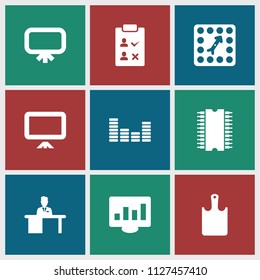 Board icon. collection of 9 board filled icons such as equalizer, chart on display, man working at the table, cpu. editable board icons for web and mobile.