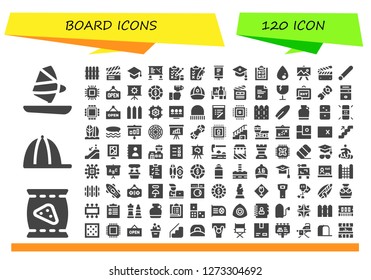  board icon set. 120 filled board icons. Simple modern icons about  - Windsurf, Chips, Cap, Fence, Clapperboard, Mortarboard, Whiteboard, Test, Clipboard, Roll up, Liquify, Drawing
