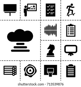 Board icon. set of 13 filled board icons such as wooden wall, board, arrow up, equalizer, basketball basket, checklist, horse chess, skateboard, teacher, cloud connection